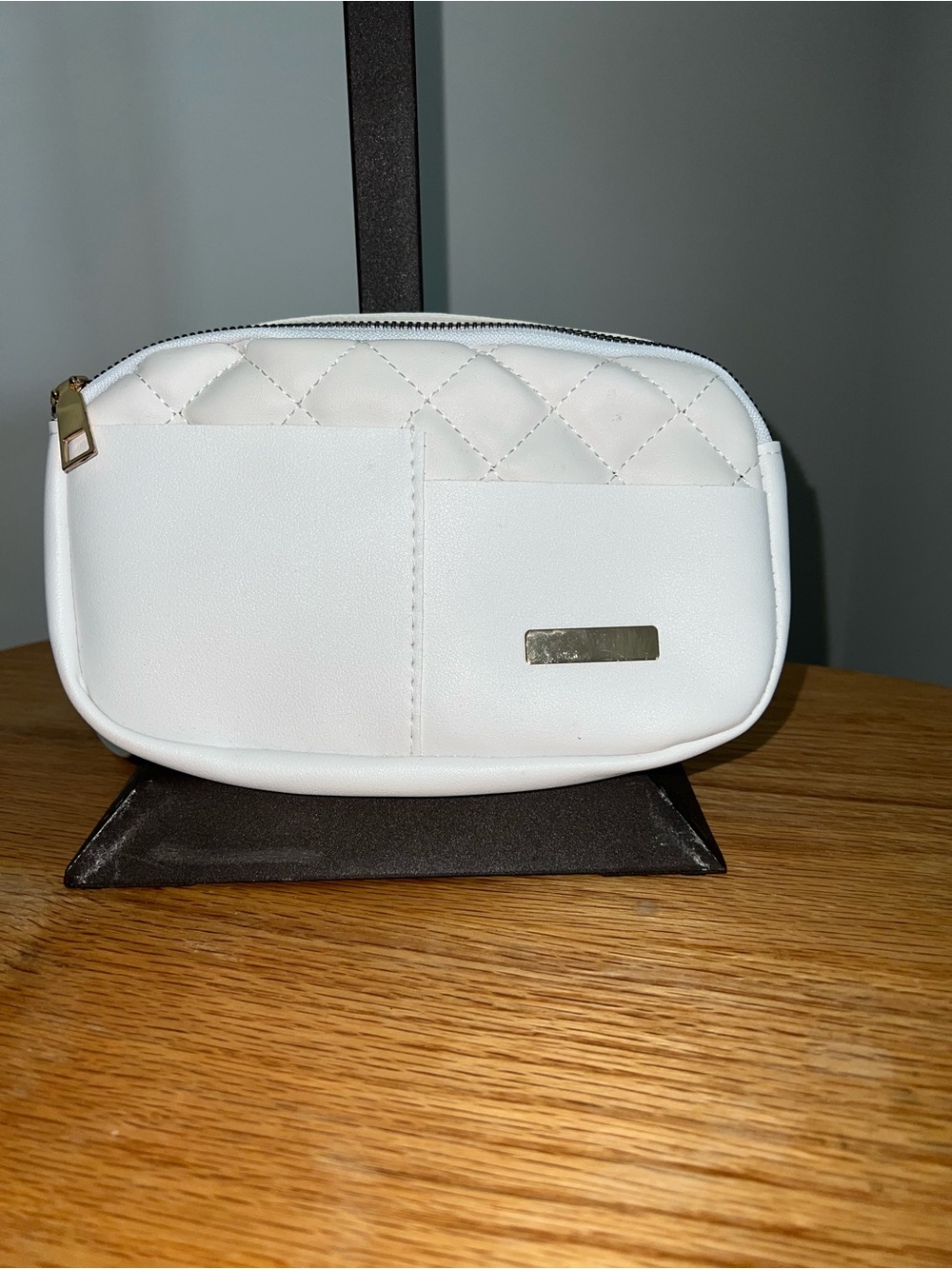 White Quilted Cosmetic Pouch with Front Pocket